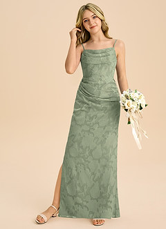 Azazie Mai Junior Agave Sheath Pleated Floral Burnout Dress image3