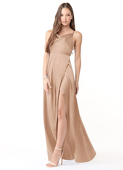 Azazie Naomie Abiti da Damigella Abito A-Line in Raso Elasticizzato con Scollo a Cappuccio e Spacco Laterale Rosa Inglese image4