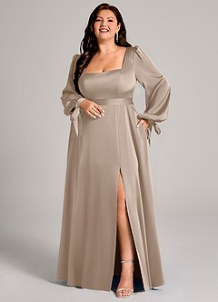 Azazie Leonia Bridesmaid Dresses Taupe A-Line Long Sleeve Stretch Satin Dress image1