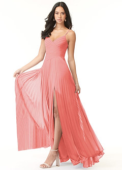 Azazie Vini Bridesmaid Dresses Coral A-Line V-Neck Pleated Chiffon Dress image3