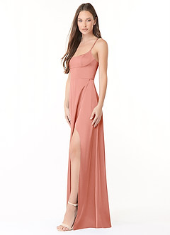 Azazie Halsey Bridesmaid Dresses Coral Sheath Side Slit Stretch Satin Dress image4