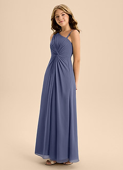 Azazie Brooke Junior Abito A-Line in Chiffon Spacco Laterale Stormy image6