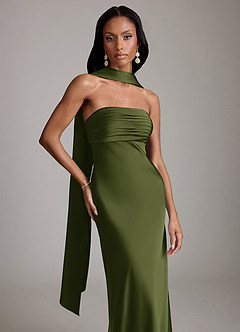 Azazie Saylor Vestidos de damas de honor Vestido de Oliva de Satén Elástico de Corte Sirena con Sin tirantes image1