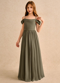 Azazie Shia Girls Formal Blumenmädchenkleider A-Linie Schulterfrei Chiffon Kleid Weidengrün image3