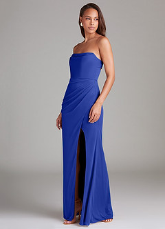 Azazie Leonis Vestidos de damas de honor Vestido de Azul Real de Malla de Corte Recto Convertible con Sin tirantes image4