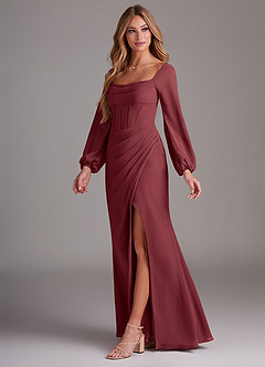 Azazie Charissa Abiti da Damigella Abito Tubino in Chiffon Manica Lunga Merlot image4