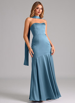Azazie Shiloh Vestidos de damas de honor Vestido de Azul Acero de Satén Elástico de Corte Sirena Convertible con Sin tirantes image3