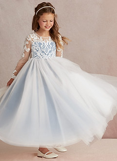Azazie Elodie Flower Girl Dresses Ivory Dusty Blue Ball-Gown Lace Dress image2