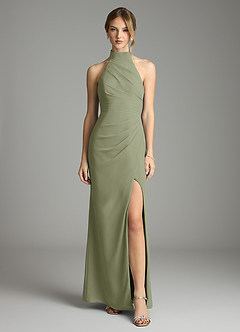 Azazie Jemma Vestidos de damas de honor Vestido de Pistacho de Gasa de Corte Recto con Plisado image1