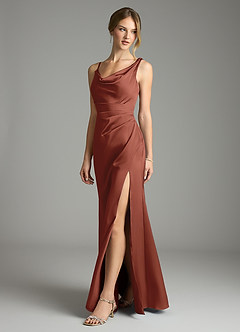 Azazie Samara Robes de demoiselle d'honneur Robe Sirène en Satin extensible Plissée Auburn image3