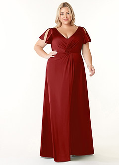 Azazie Soren Bridesmaid Dresses Pomegranate A-Line Pleated Stretch Satin Dress image8