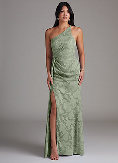 Azazie Mika Bridesmaid Dresses Agave Sheath One Shoulder Floral Burnout Dress image3