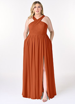 Azazie Elvira Robes de demoiselle d'honneur Robe Trapèze en Mousseline de soie Plissée Orange Brûlée image7