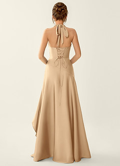 Titania Champagne Satin V-neck Ruffled Prom Dress image2