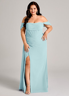 Azazie Amyra Bridesmaid Dresses Sea Glass Sheath Off the Shoulder Chiffon Convertible Dress image13