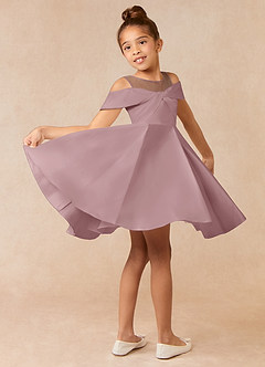 Azazie Shirin Flower Girl Dresses A-Line Off the Shoulder Matte Satin Knee-Length Dress image4