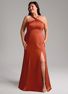 Azazie Rue Bridesmaid Dresses Rust A-Line Pleated Stretch Satin Dress image10
