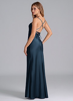 Azazie Seema Vestidos de damas de honor Vestido Azul Marino Oscuro de Satén Elástico de Corte Sirena con Corsé image6