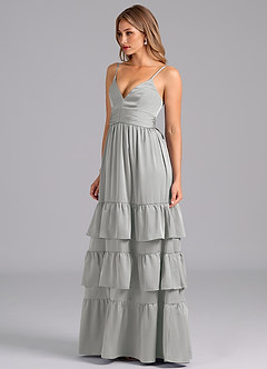 Azazie Nathalia Bridesmaid Dresses Silver A-Line Pleated Stretch Satin Dress image4