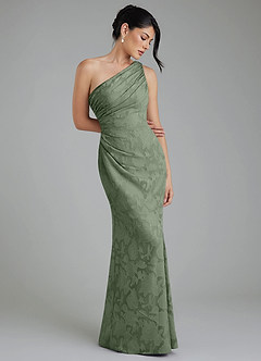 Azazie Akilah Robes de demoiselle d'honneur Robe Sirène en Blumen-Burnout Asymétrique Matcha image1
