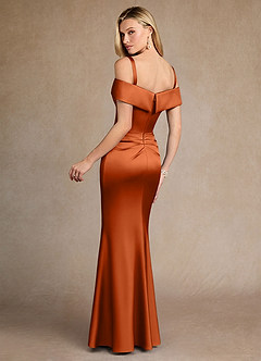 Azazie Laredo Vestidos para mãe da noiva Vestido Laranja Queimada de Cetim elástico de sereia com Fora do ombro image4