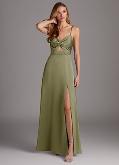 Azazie Jenna Robes de demoiselle d'honneur Robe Trapèze en Satin extensible Plissée Pistache image1