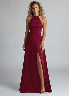 Azazie Clarice Bridesmaid Dresses Burgundy A-Line High Neck Stretch Satin Dress image4