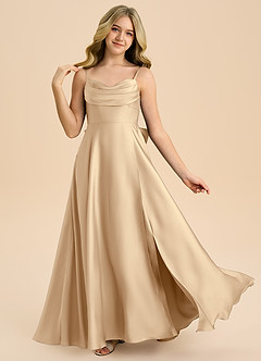 Azazie Bear Junior A라인 스윗하트 네크라인 스트레치 새틴 플로어 길이 주니어 신부 들러리 드레스 image1