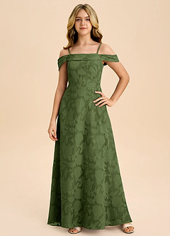 Azazie Anselie Junior A-Linie Schulterfrei Blumen-Burnout Kleid Olivgrün image3