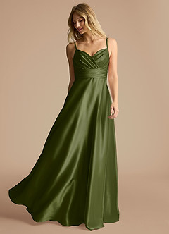 Azazie Oliana Bridesmaid Dresses Olive A-Line Pleated Metallic Satin Dress image2