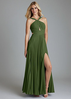 Azazie Hosanna Bridesmaid Dresses Olive A-Line Pleated Chiffon Dress image1