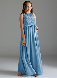 Azazie Elly Junior Jurk van Chiffon met A-Lijn Kant Staal Blauw image4