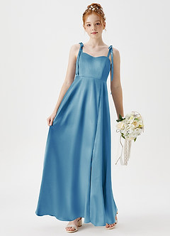 Azazie Rosey Junior Vestido de Azul Acero de Satén Metálico de Corte En A con Escote de Corazón image3