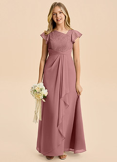 Azazie Jadyn Junior Desert Rose A-Line Lace Chiffon Dress image5