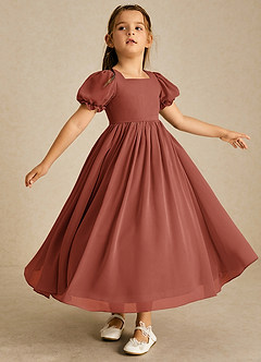 Azazie Joss Flower Girl Dresses Auburn A-Line with Sleeves Chiffon Dress image3