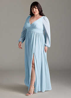 Azazie Norah Bridesmaid Dresses Sky Blue A-Line V-Neck Long Sleeve Chiffon Dress image11