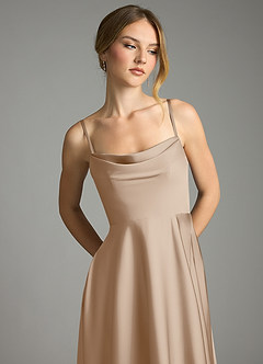 Azazie Elle Bridesmaid Dresses Taupe A-Line Pleated Stretch Satin Dress image2