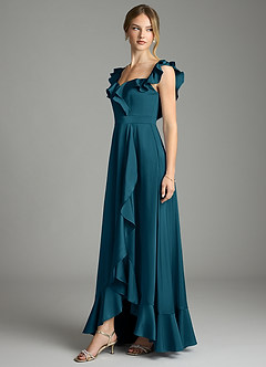 Azazie Lyra Bridesmaid Dresses Ink Blue A-Line Off the Shoulder Stretch Satin Convertible Dress image4