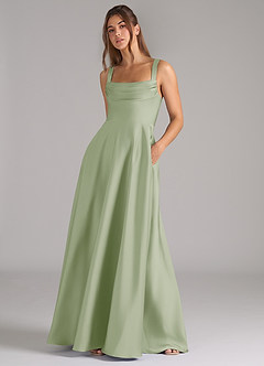 Azazie Shaude Bridesmaid Dresses Dusty Sage A-Line Pleated Stretch Satin Dress image4