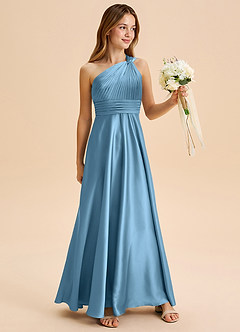 Azazie Charlize Junior Jurk van Stretch Satijn met A-Lijn Geplooid Staal Blauw image3