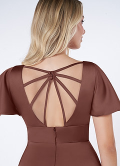 Azazie Lani Bridesmaid Dresses Espresso A-Line Flounce Sleeve Stretch Satin Dress image6