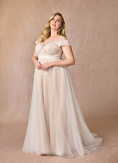 Azazie Cindy Wedding Dresses Diamond White Nude A-Line Illusion Off-The-Shouler Lace Tulle Dress image11