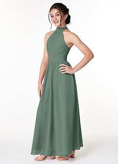 Azazie Iman Junior Eucalyptus A-Line Pleated Chiffon Dress image3