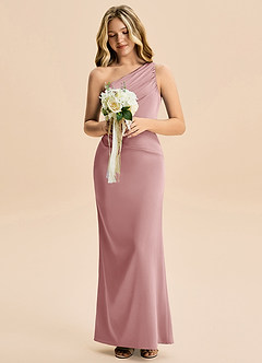 Azazie Akilah Junior Dusty Rose Sheath Pleated Stretch Satin Dress image4