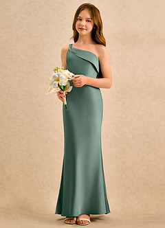 Azazie Almond Girls Formal Jurken voor bloemenmeisjes Kokerjurk Jurk van Stretch Satijn One-shoulder Eucalyptus image3