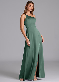 Azazie Trina Bridesmaid Dresses Eucalyptus A-Line One Shoulder Stretch Satin Dress image4