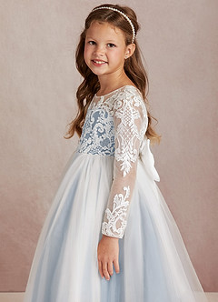 Azazie Elodie Flower Girl Dresses Ivory Dusty Blue Ball-Gown Lace Dress image6