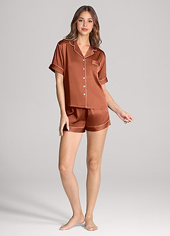 front Matching Color Satin Contrast Piping Pajama Set