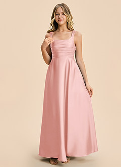 Azazie Azaria Junior Powder Pink A-Line Pleated Stretch Satin Dress image6