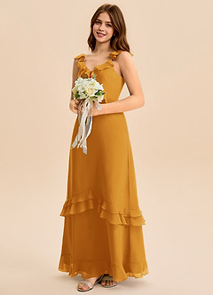 Azazie Tavie Junior Vestido de Caramelo de Gasa de Corte en A con Volante image4